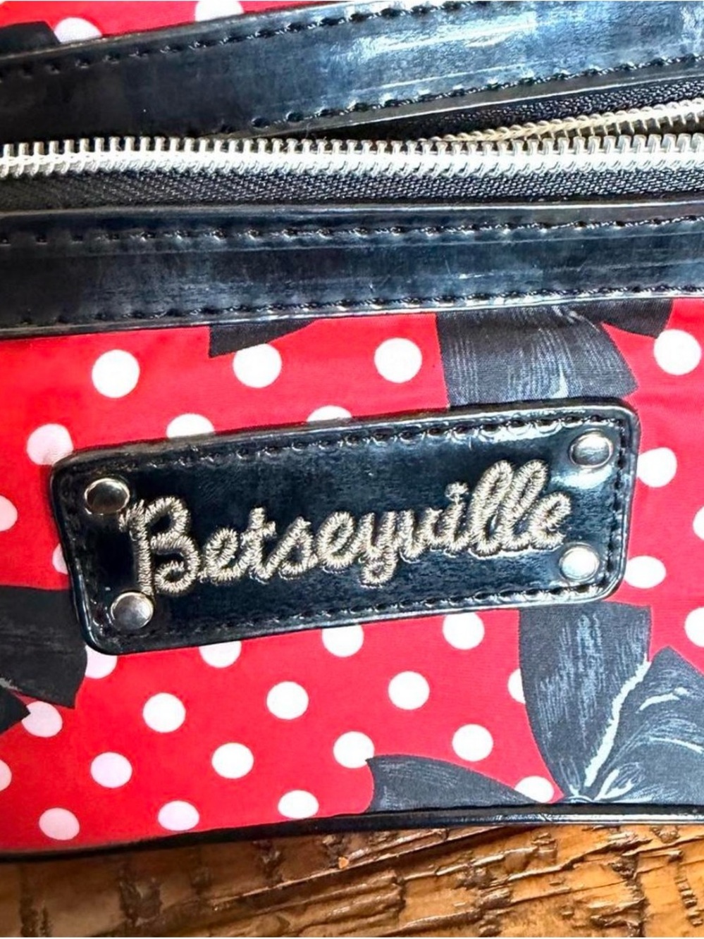 Betsey Johnson Red and White Polka Dot Betseyville Cosmetic Bag with Black Trim
